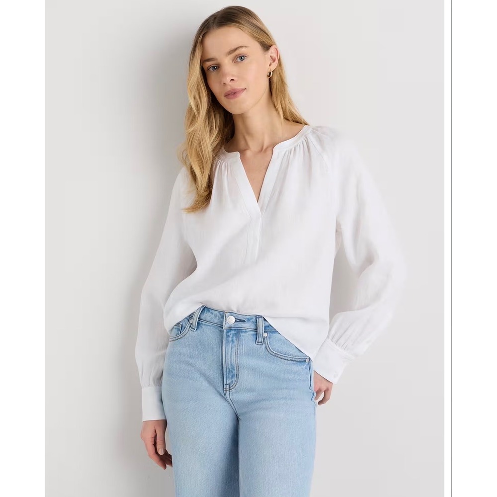 Quince 100% European Linen Peasant Top White Split V-Neck Blouse Size M NWT
